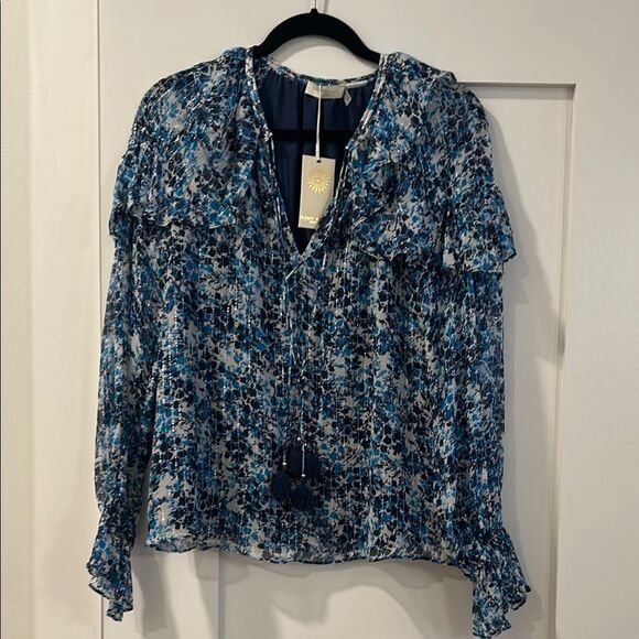 NWT Ramy Brook Blue Printer Celeste Blouse, Size Medium